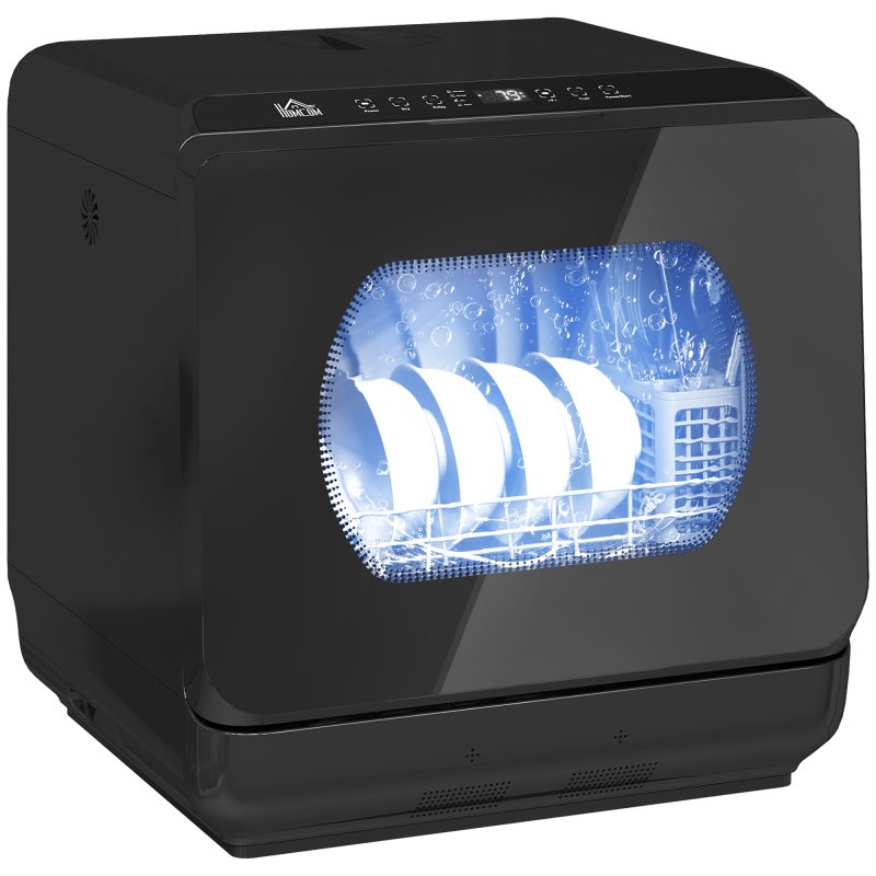 HOMCOM Table Top Dishwasher, Mini Countertop Dishwasher No Plumbing with Built-in 6L Water Tank, 6 Programs, Touch Control, LED Display, 4 Place Settings, Dual Water Supply and Fruit Wash, Black