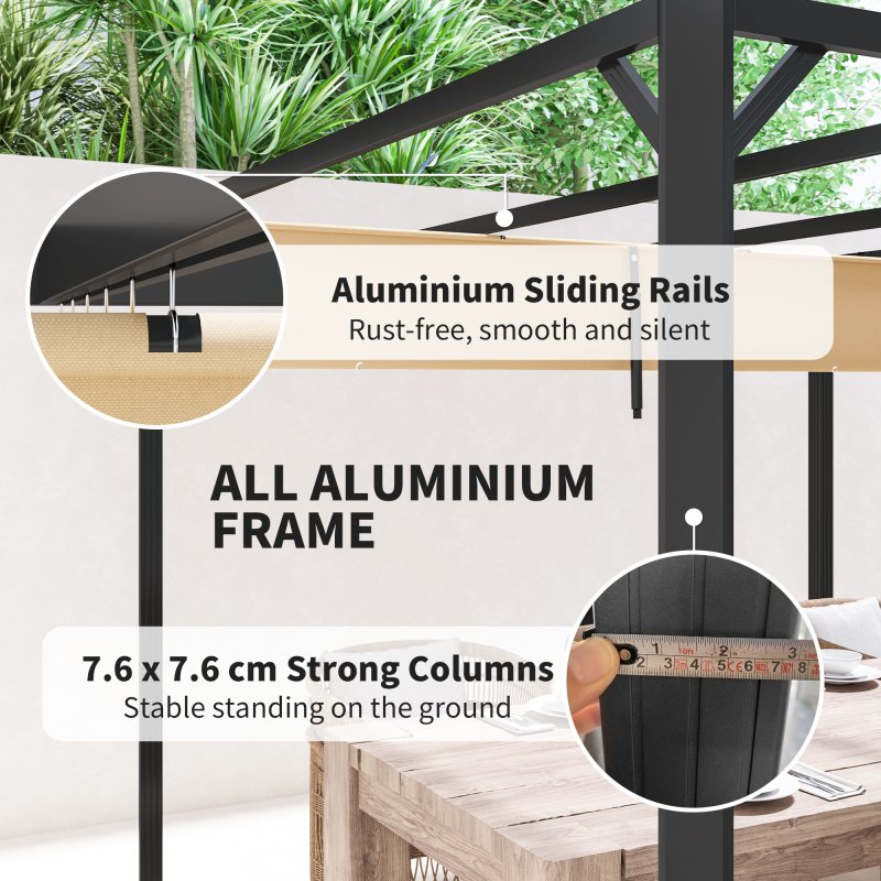 Outsunny 3 x 3(m) Garden Pergola with Retractable Roof Canopy, Aluminium Pergola Kit Gazebo with Roller Shade, UPF30+ Sun Shade Shelter for Porch, Khaki