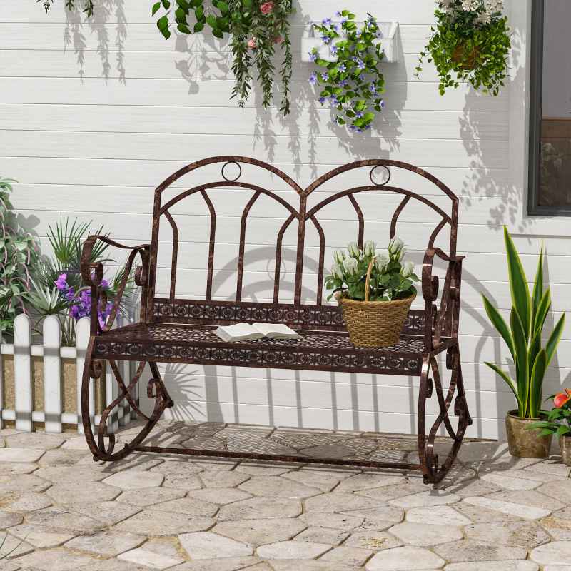 Outsunny 2 Seater Metal Garden Park Bench Outdoor Rocking Chair Swing Bench Loving Seat Bronze