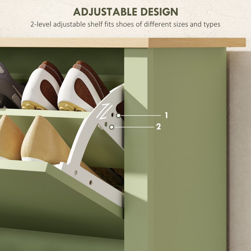 HOMCOM Narrow Shoe Cabinet, Space Saving Shoe Storage Cabinet with 2 Flip Drawers and Adjustable Shelves for 6-12 Pairs of Shoes for Hallways and Living Room, Green