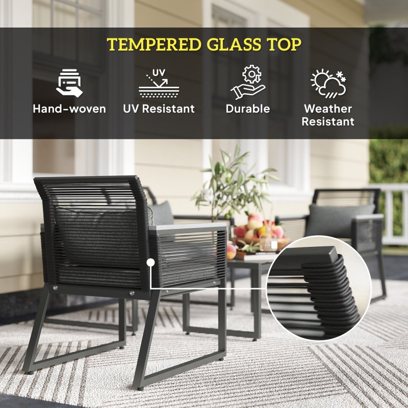 Outsunny 4 Pieces Rattan Garden Furniture Set, Metal Frame Outdoor Furniture Sofa Set with Cushions, Pillows & Tempered Glass Top Table, Wicker Garden Sofa for Conservatory, Patio, Charcoal Grey