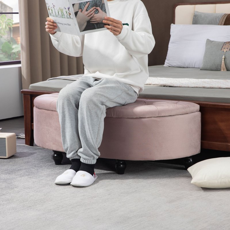 HOMCOM Semi-Circle Ottoman Storage Bench, Bed End Bench, Tufted Upholstered Window Seat Footrest Stool with Rubberwood Legs for Bedroom & Entryway, 120 x 46 x 42 cm