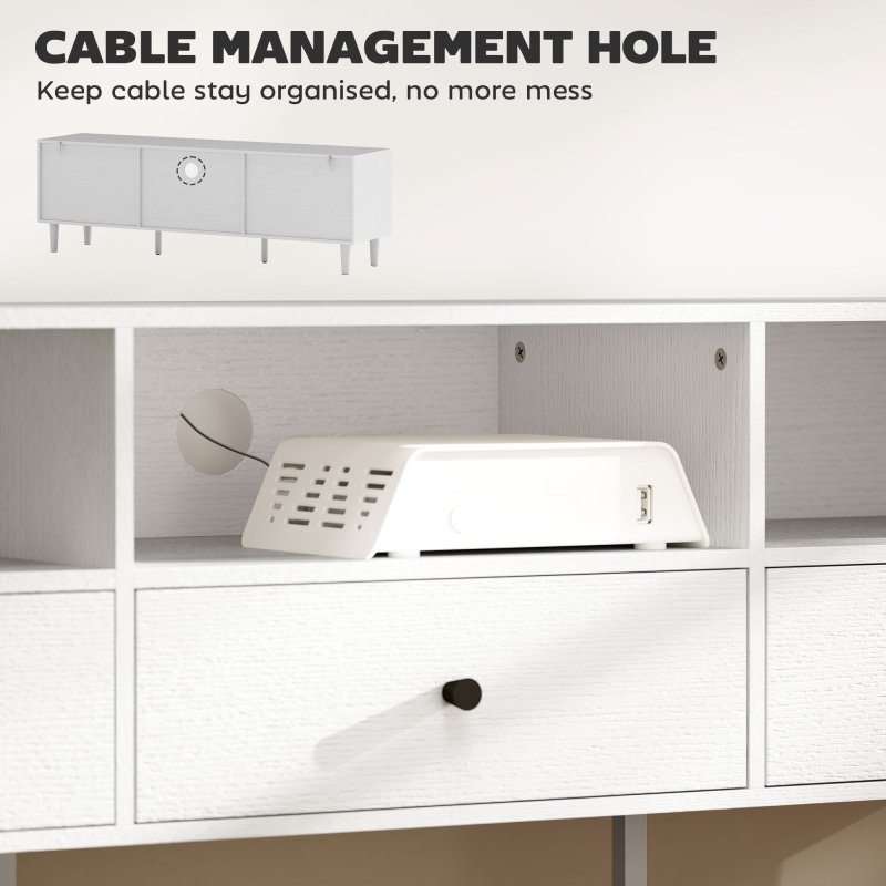 HOMCOM 140cm TV Stand Cabinet, Modern TV Unit Console Table for up to 75", with 3 Drawers, 3 Open Storage Shelves, Cable Management, Media Entertainment Centre for Living Room, Bedroom, White