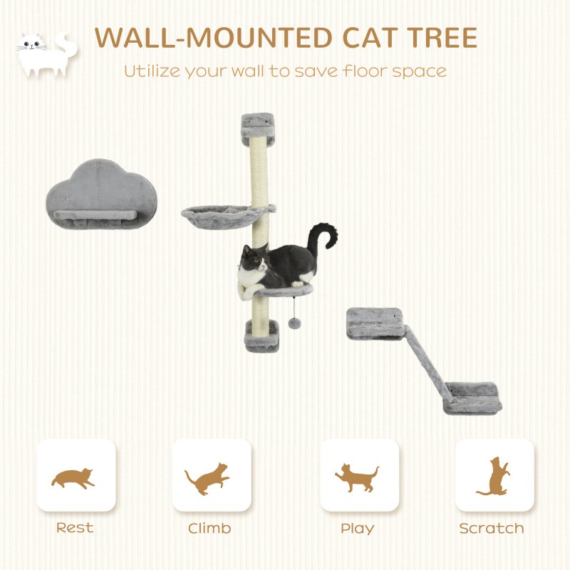 PawHut Three-Piece Wall-Mounted Cat Shelves, with Hammock, Cloud-Shaped Jumping Platform, Ladder, Scratching Post, Cat Wall Furniture with Play Ball for Large Cats - Grey