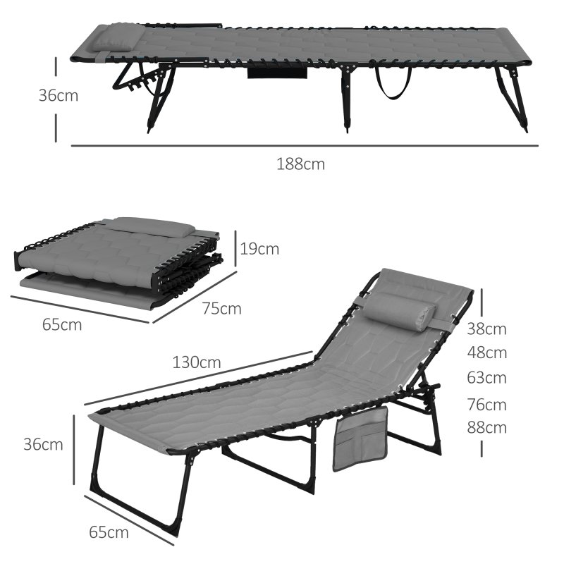 Outsunny 2 Piece Foldable Sun Lounger Set with 5-level Reclining Back, Outdoor Tanning Chairs Sun Loungers with Build-in Padded Seat, Side Pocket, Headrest for Beach, Patio, Grey