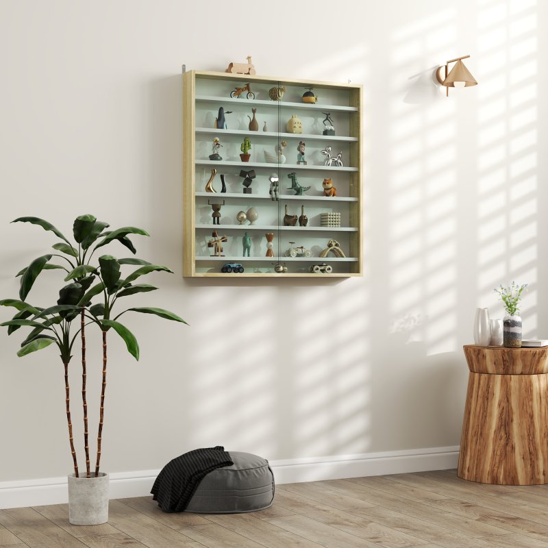 HOMCOM 7-Tier Wall Mounted Display Cabinet, Display Case with 6 Adjustable Shelves, Glass Doors for Home Office Ornaments 83x80cm, Oak