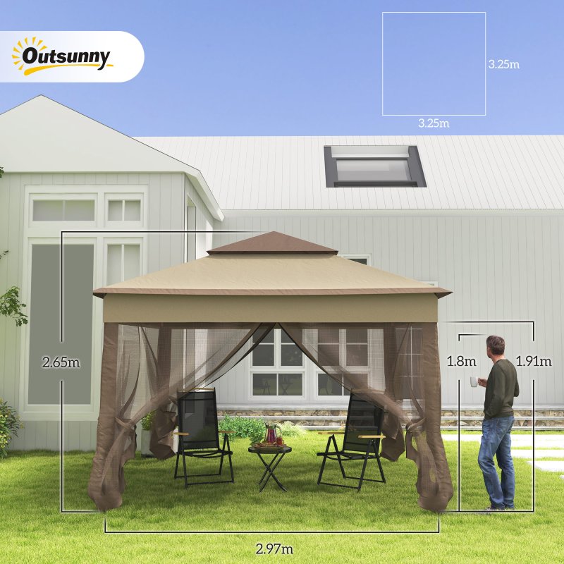 Outsunny 3 x 3(m) Pop Up Gazebo, Marquee Party Tent with Double Tier Roof, Netting and Carry Bag, Event Shelter for Outdoor Patio, Khaki