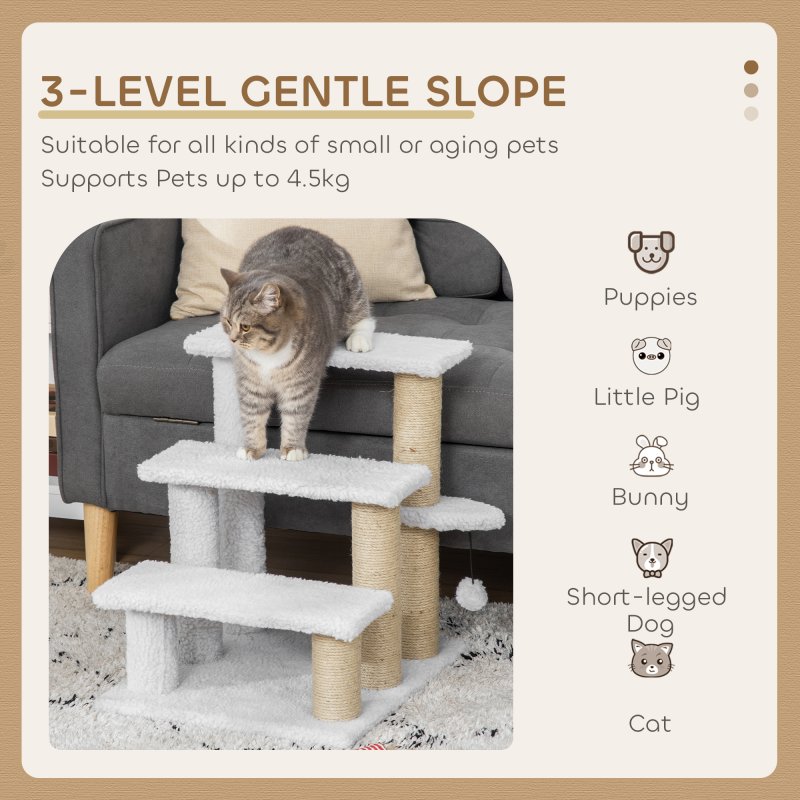 PawHut Pet Stair, Cat Tree with 3-step Climb Ladder, Scratching Posts, Platforms, Toy Ball, for Indoor Elderly Cats Kittens, White
