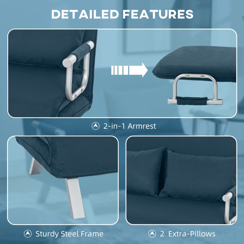 HOMCOM 2 Seater Sofa Bed, Click Clack Convertible Bed Settee, Modern Velvet Feel Fabric Sofa with 2 Cushions for Living Room, Bedroom, Guest Room, Navy Blue