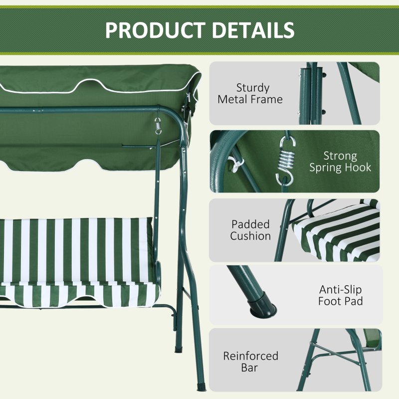 Outsunny 3 Seater Canopy Swing Chair Outdoor Garden Bench with Adjustable Canopy and Metal Frame - Green Stripes
