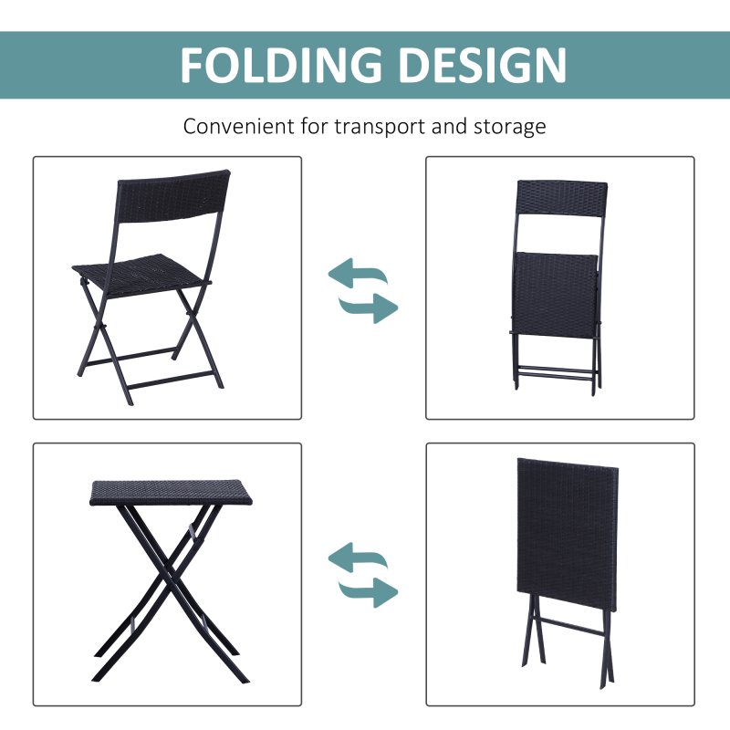 Outsunny 3 Pieces Folding Rattan Bistro Set, Garden Furniture Bistro Set with Folding Garden Table and Chairs, Wicker Balcony Furniture for Outdoor, Patio, Porch, Black