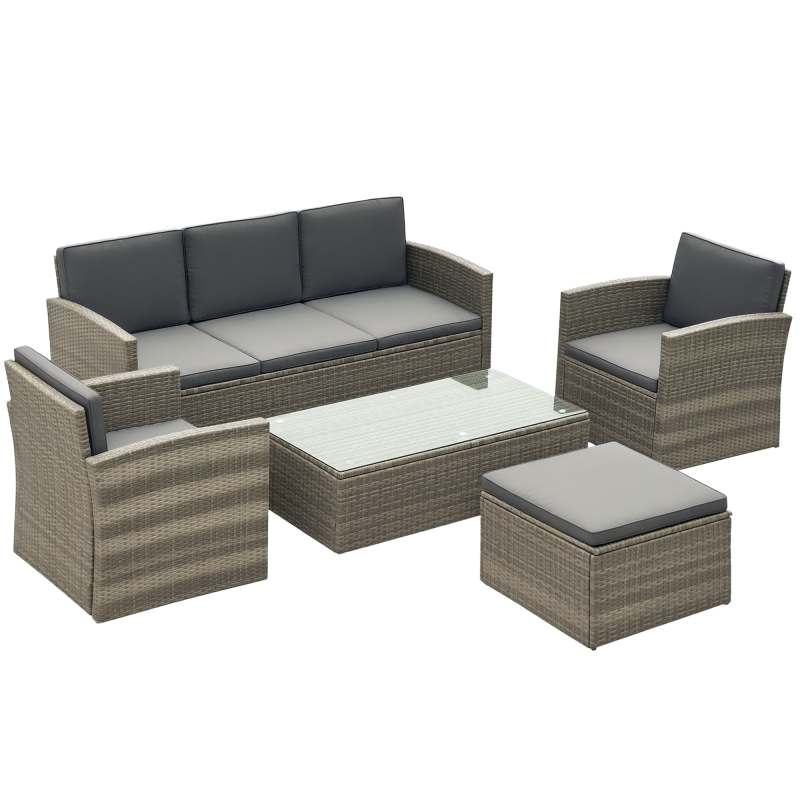 Outsunny 5 Pieces Rattan Garden Furniture Set, Wicker Garden Sofa Set with Storage Sofa and Ottomans, 2 Armchairs, Glass Coffee Table, Outdoor Conservatory Furniture with Cushions for Patio, Grey