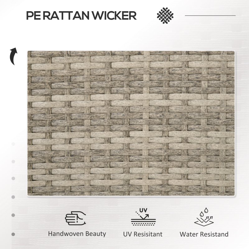 Outsunny 2 Seat Rattan Garden Bench, Patio Wicker Chair with Glass Tea Table, Outdoor Love Seat with Padded Cushions, for Garden, Porch, Mixed Grey/Cream White