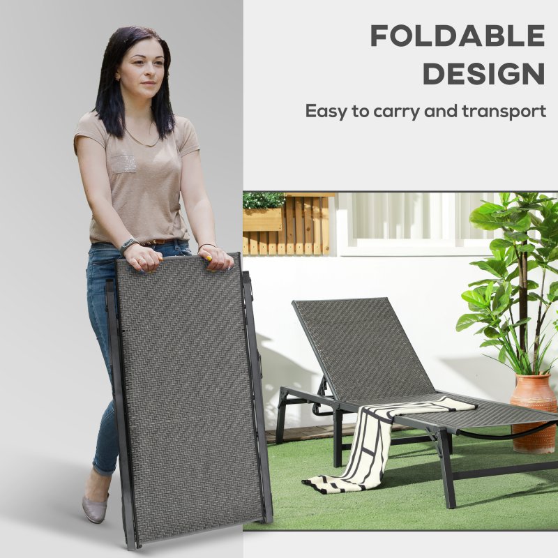Outsunny Foldable Outdoor PE Rattan Sun Lounger, Patio Wicker Recliners Lounge Chair w/ 5-Level Adjustable Backrest, for Poolside, Garden, Grey