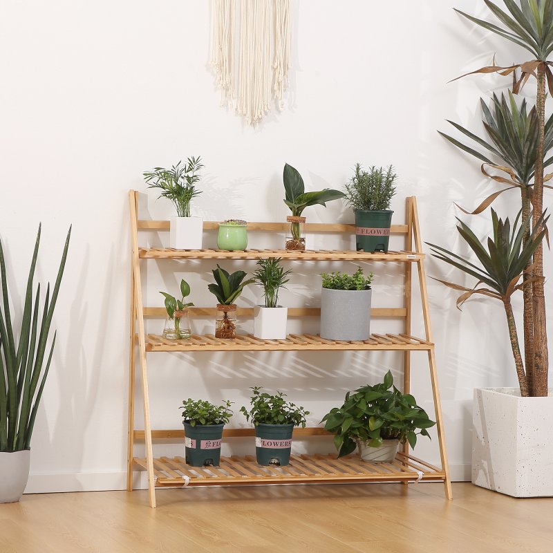 Outsunny 3-Tier Bamboo Plant Stand, Folding Plant Rack, Display Plant Shelf for Indoor & Outdoor Use, 98 x 37 x 96.5cm, Natural