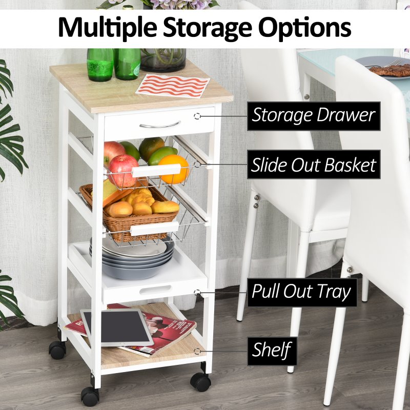 HOMCOM Mobile Rolling Kitchen Island Trolley for Home w/ Metal Baskets Trays Shelves Wheels Compact Stylish Storage White