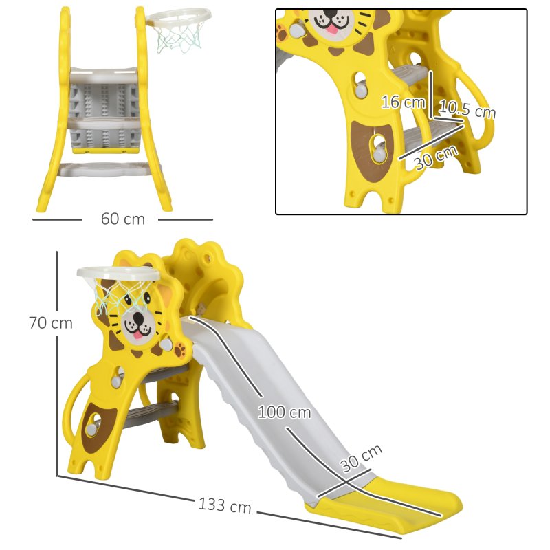 AIYAPLAY Kids Slide 3 in 1 Freestanding Toddler Slide with Climber, Basketball Hoop, Basketball, Lion-Themed for Ages 18-36 Months - Yellow