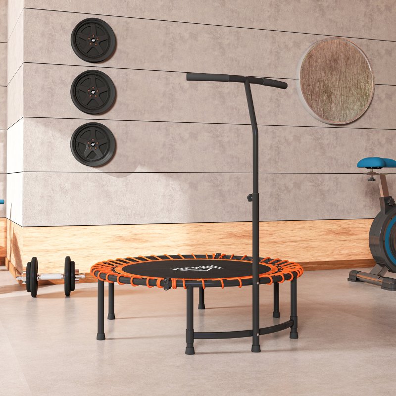 HOMCOM 45" Fitness Trampoline with Adjustable Handle, Folding Rebounder Trampoline Mini Jumper for Indoor Exercise Workout, Support Up to 100kg, Orange