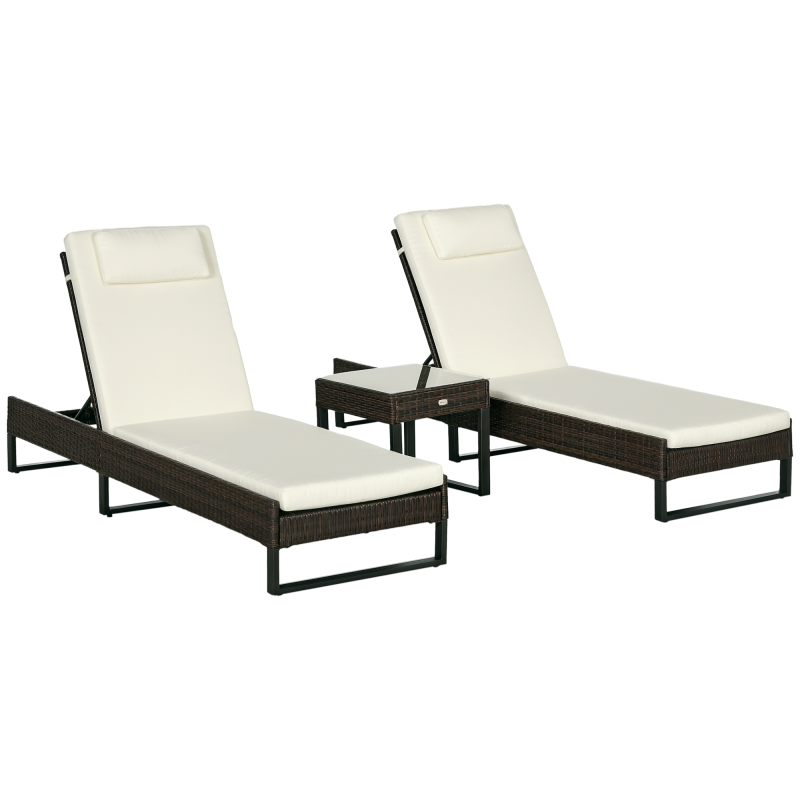 Outsunny 3-piece PE Rattan Sun Lounger Set with Adjustable 5-Position Recliner, Patio Chaise Lounge Chair Set with Cushions, Headrests, Glass Top Square Coffee Table, Brown