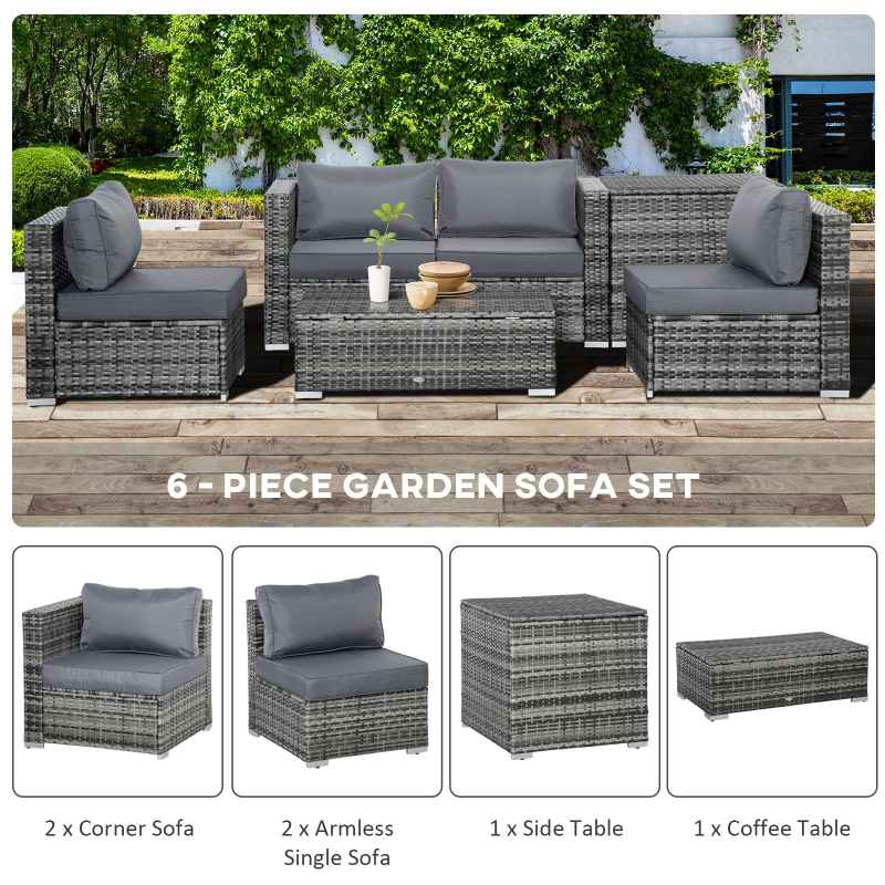 Outsunny 6 Pieces Rattan Garden Furniture Set, 4 Seater Wicker Garden Corner Sofa Set with 2 Storage Tables and Loveseats, Outdoor Conversation Furniture with Cushions for Conservatory, Patio, Grey
