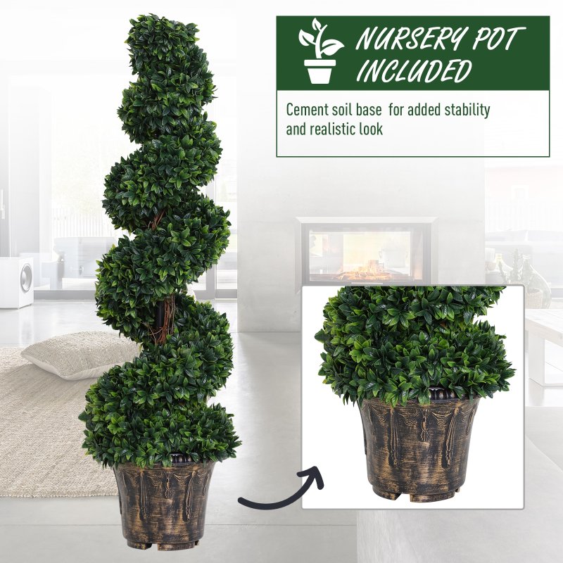 Outsunny Set of 2 Artificial Boxwood Spiral Topiary Trees Potted Decorative Plant Indoor D??cor 120cm