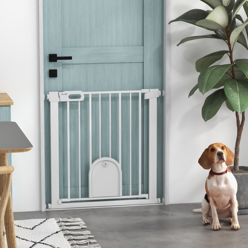PawHut Dog Gate with Cat Flap Pet Safety Gate Barrier, Stair Pressure Fit, Auto Close, Double Locking, for Doorways, Hallways, 75-82 cm White