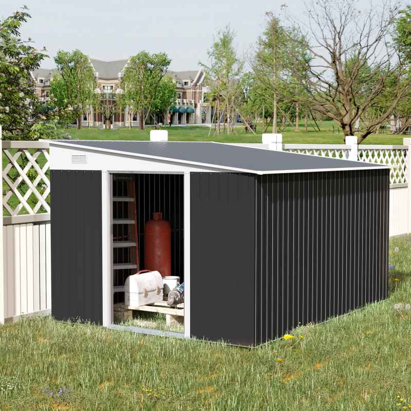 Outsunny 11.3 x 9.2ft Lean to Metal Garden Shed, Outdoor Galvanised Tool Storage House with Double Sliding Doors and 2 Air Vents, Black