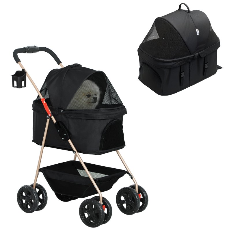 PawHut Pet Stroller, 3 in 1 Folding Dog Stroller Pram w/ 4 Wheels, Detachable Carrier, Storage Basket, Cup Holder, Safety Leashes, for Mini Dogs, Cats, Black