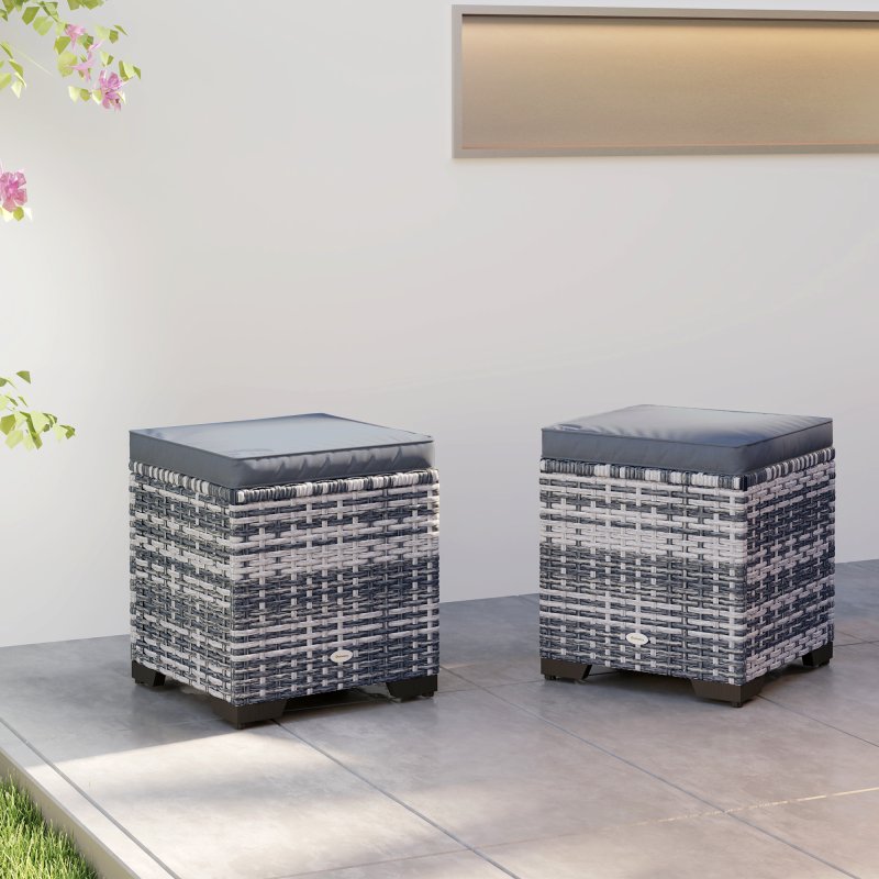 Outsunny Set of 2 Rattan Storage Ottoman, Outdoor Footstool with Removable Cushions, Garden Storage Seat for Balcony, Porch, Living Room, Dark Grey