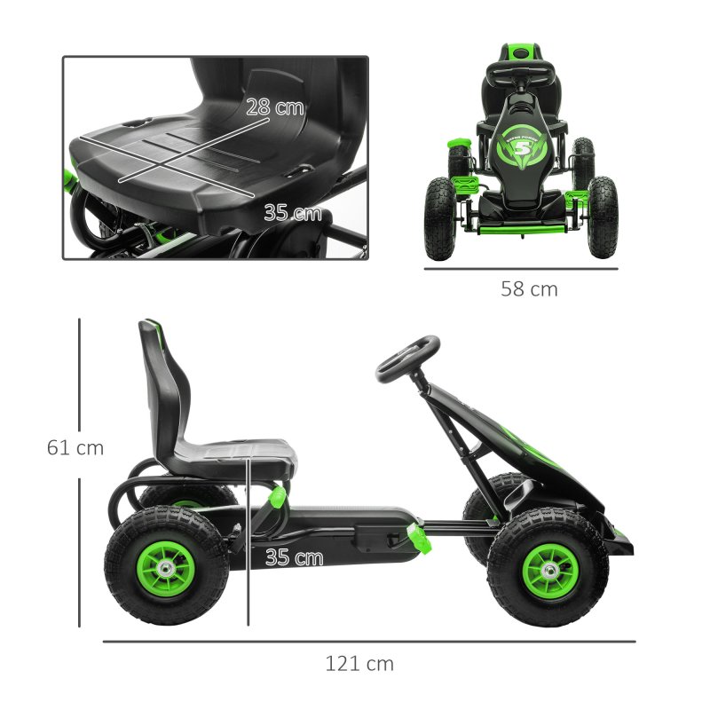 HOMCOM Children Pedal Go Kart, Raving Go Kart with Adjustable Seat, Inflatable Tyres, Shock Aborb, Handbrake, for Ages 5-12 Years - Green