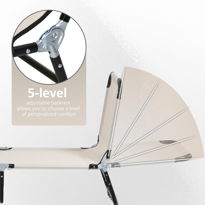 Outsunny Foldable Sun Lounger Set of 2 with 5-Position Adjustable Backrest, Outdoor Portable Recliner Chaise Lounge Chair with Breathable Mesh Fabric, Cream White