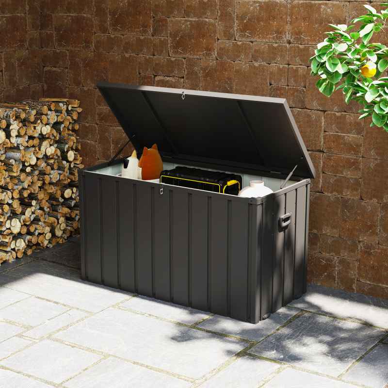 Outsunny 450 Litre Garden Storage Box, Outdoor Storage Box with Wheels and Handles, Lockable Galvanised Steel Outside Deck Box Organiser for Tools, Cushions, Dark Grey