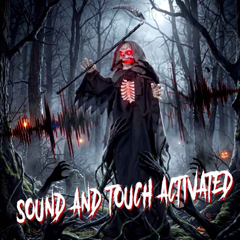 HOMCOM 67"/170cm Life Size Animated Grim Reaper Halloween Decorations Outdoor Indoor, Scary Halloween Animatronics Decor with Sound Touch Activated, Animated Prop with Light Up Eyes for House Garden