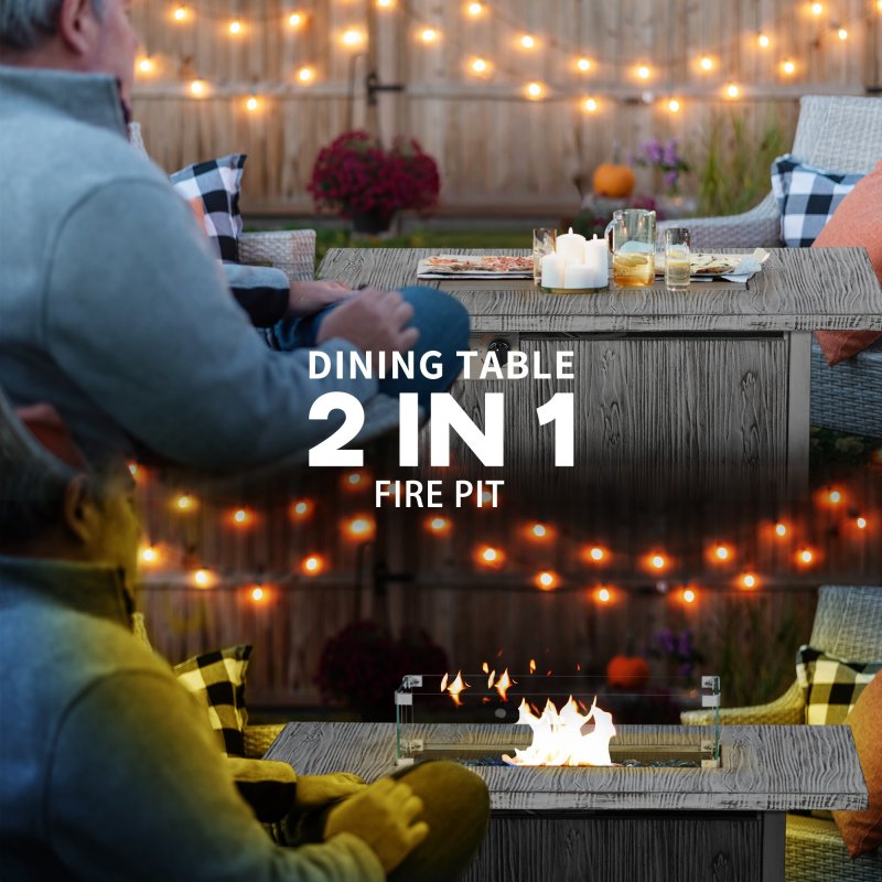 Outsunny Propane Gas Fire Pit Table for Garden, 50000 BTU Smokeless Firepit Outdoor Patio Heater with Waterproof Cover, Glass Screen, Glass Beads and Lid, Wood Effect, 109 x 56 x 63cm, Grey