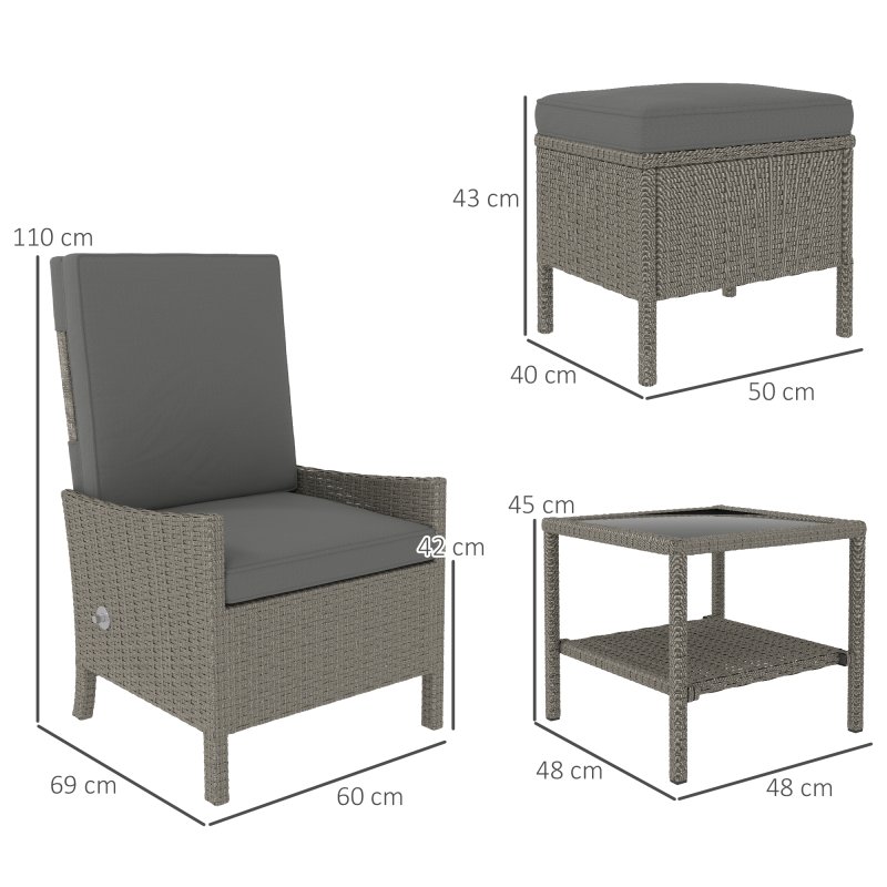 Outsunny 5 Piece Rattan Garden Furniture Set, Wicker Patio Sofa Set with 2 Armchairs, 2 Footstools, Glass Top Coffee Table with Shelf, Outdoor Furniture with Adjustable Backrests, Cushions, Dark Grey