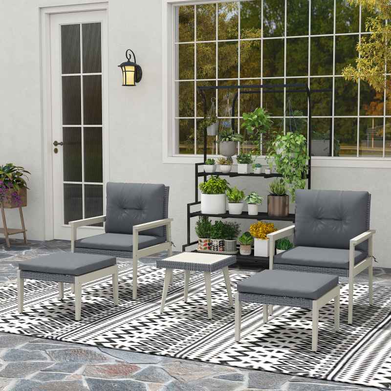 Outsunny 5 Pieces Rattan Garden Furniture Set, Patio Conversation Set with Cushions, Acacia Wood Top Coffee Table and Footstools, Outdoor Table and Chairs for Balcony, Terrace and Conservatory, Grey