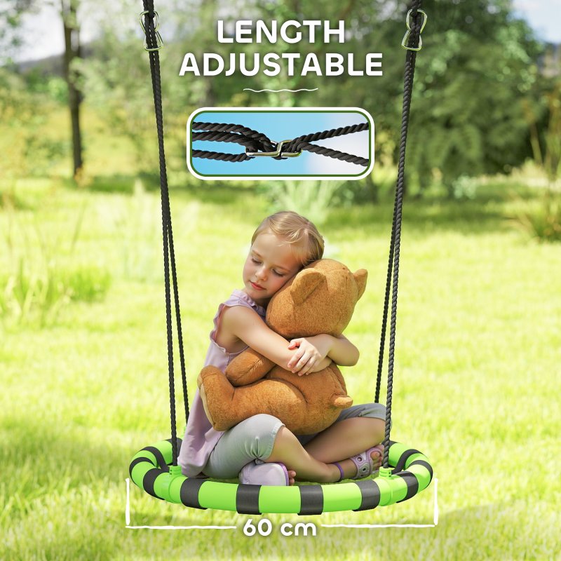 AIYAPLAY Kids Nest Swing Seat, Hanging Set with Height Adjustable Ropes for Kids, 60cm Diameter Round Saucer Swing Chair for Outdoor, Garden, Black/Green