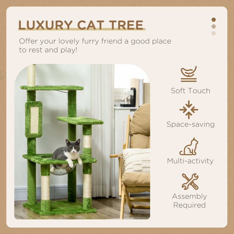 PawHut 142cm Cat Tree for Indoor Cats, Cat Tower with Scratching Posts, Scratch Board, Hammock, Toy Balls, Multi-level Platforms, Green