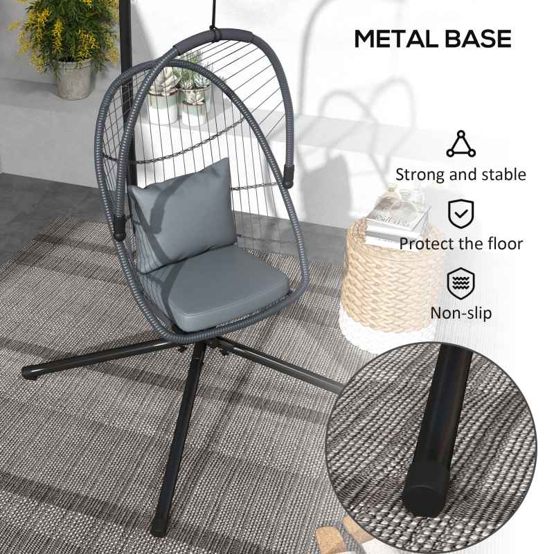 Outsunny Outdoor PE Rattan Swing Chair with Cushion, Foldable Basket Patio Hanging Chair with Metal Stand, 360 degree Rotation Spring Hook, Basket Height Adjust with Metal Chain, Grey