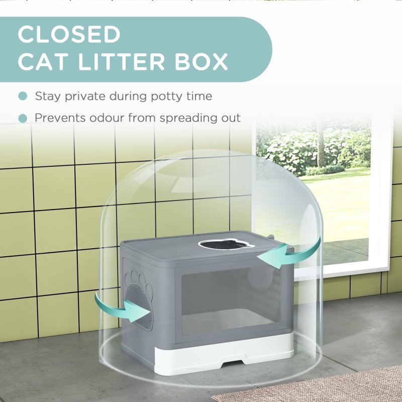 PawHut Cat Litter Tray with Hood Cat Litter Box with Brush, Front Entry, Top Exit, Removable Tray, Scoop, 48.5 x 38 x 36.5cm - Grey