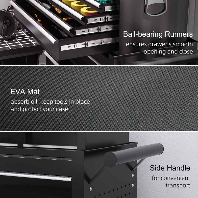 HOMCOM 2 in 1 Rolling Tool Cabinet on Wheels with 14 Drawers, Pegboard and Side Rack, Lockable Top Tool Chest and Roller Cabinet Combo for Workshop and Home, Black