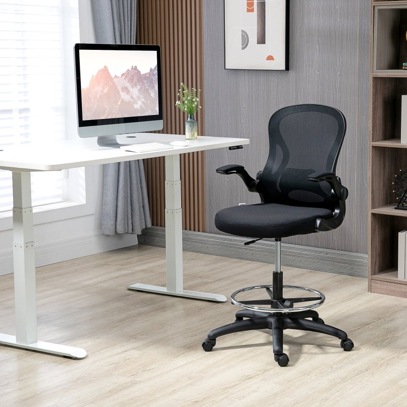 Vinsetto Drafting Chair with Flip-up Armrests, Mesh Office Chair, Ergonomic Draughtsman Chair with Lumbar Support and Footrest Ring for Standing Desk and Bar Counter, Black