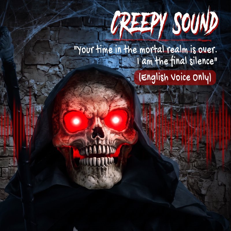 HOMCOM 67"/170cm Life Size Animated Grim Reaper Halloween Decorations Outdoor Indoor, Scary Halloween Animatronics Decor with Sound Touch Activated, Animated Prop with Light Up Eyes for House Garden