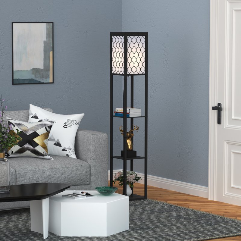 HOMCOM Modern Shelf Floor Lamp Light with Three Open Shelves Large Storage Display, for Living Room, 160cm, Bulb not Included, Black
