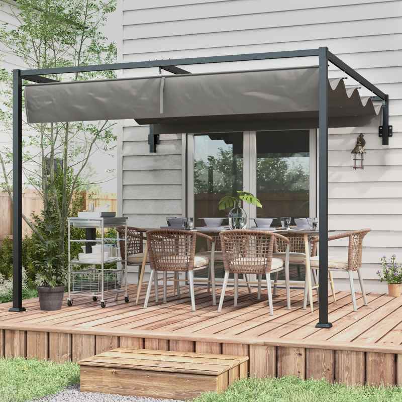 Outsunny 3 x 4m Lean To Pergola with Retractable Roof, Wall Mounted Garden Gazebo Outdoor Sun Shade Shelter for Patio, Deck