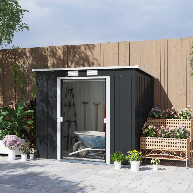 Outsunny 7 x 4ft Lean to Garden Shed with Foundation Kit, Double Door and Vents, Outdoor Metal Storage Shed for Equipment Tools, Dark Grey