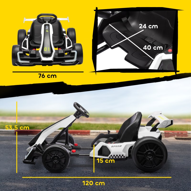 HOMCOM 24V Electric Go Kart for Kids, Ride On Racing Kart with Adjustable Seat, Battery Powered Drifting Ride On Car with Music, Light, Slow Start, Button Start, Horn, for 6-12 Years, White