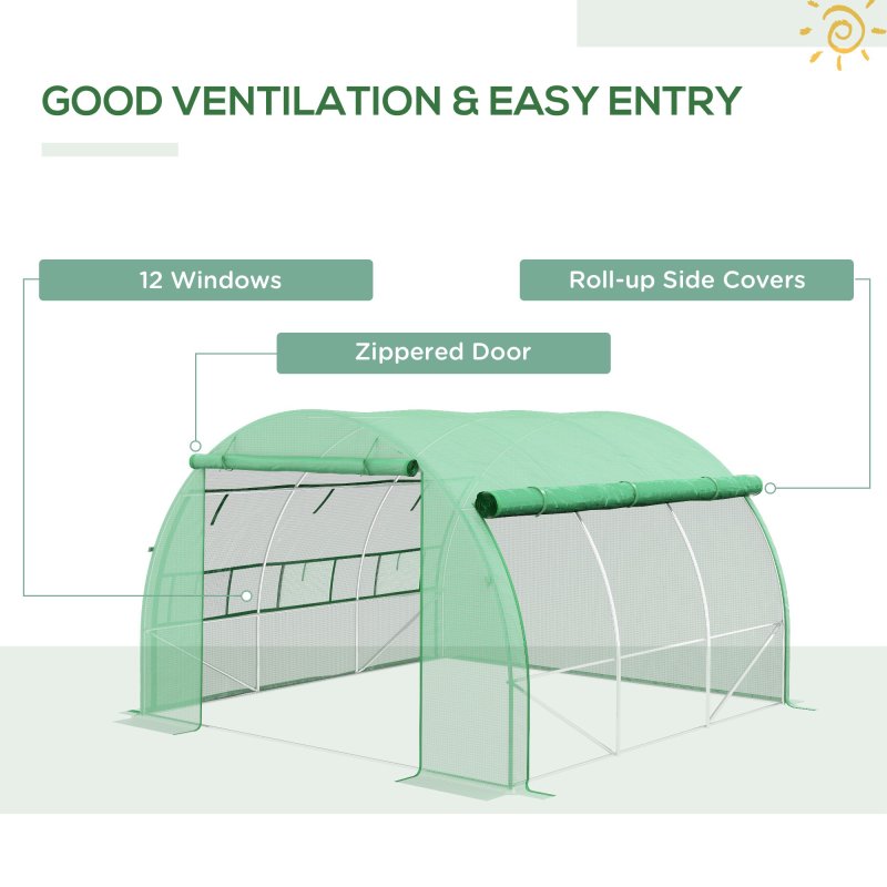 Outsunny 3 x 3 x 2 m Polytunnel Greenhouse with Roll-up Side Walls, Walk-in Grow House Tent with Steel Frame, Reinforced Cover, Zipped Door and 6 Mesh Windows for Garden, Green