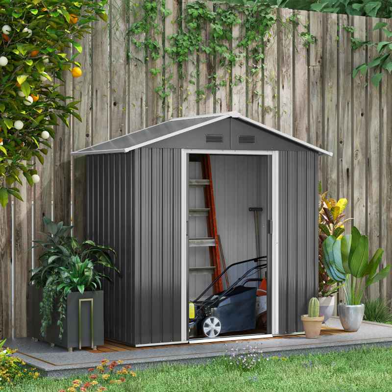 Outsunny 6.5 x 3.5ft Metal Garden Shed, Outdoor Storage Shed for Tool Organization with Double Sliding Doors and 4 Vents for Garden, Patio, Dark Grey