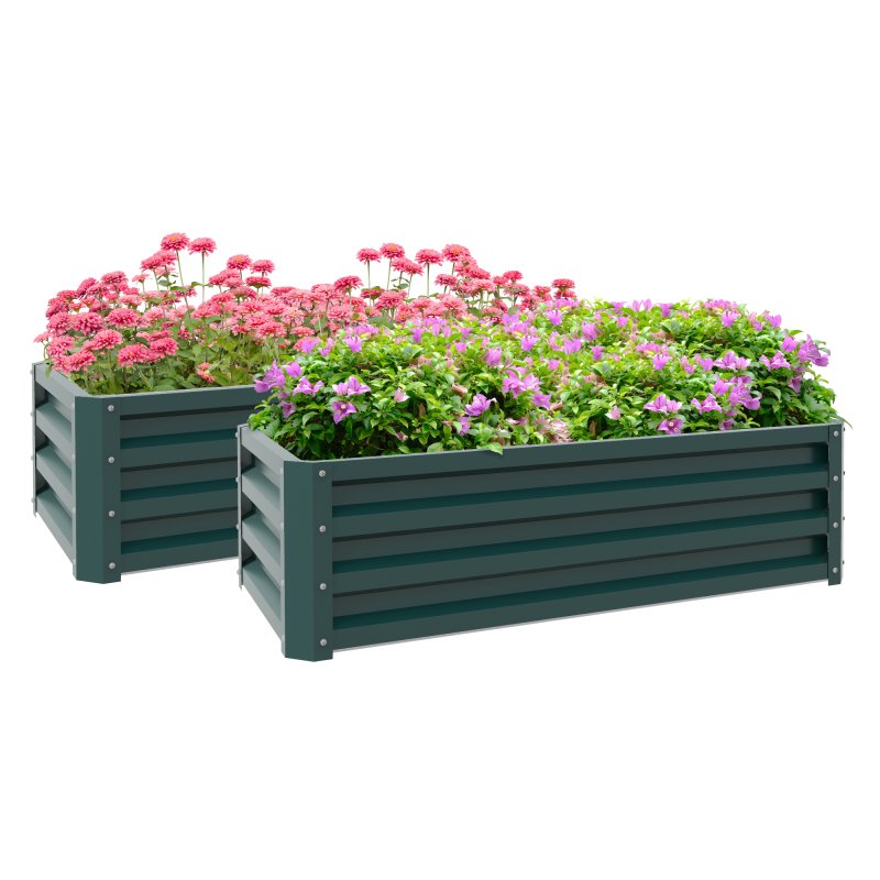 Outsunny Set of 2 Raised Garden Bed, Outdoor Planter Box with Galvanised Steel Frame for Growing Vegetables, Flowers and Herbs, 110 x 50 x 30cm, Green